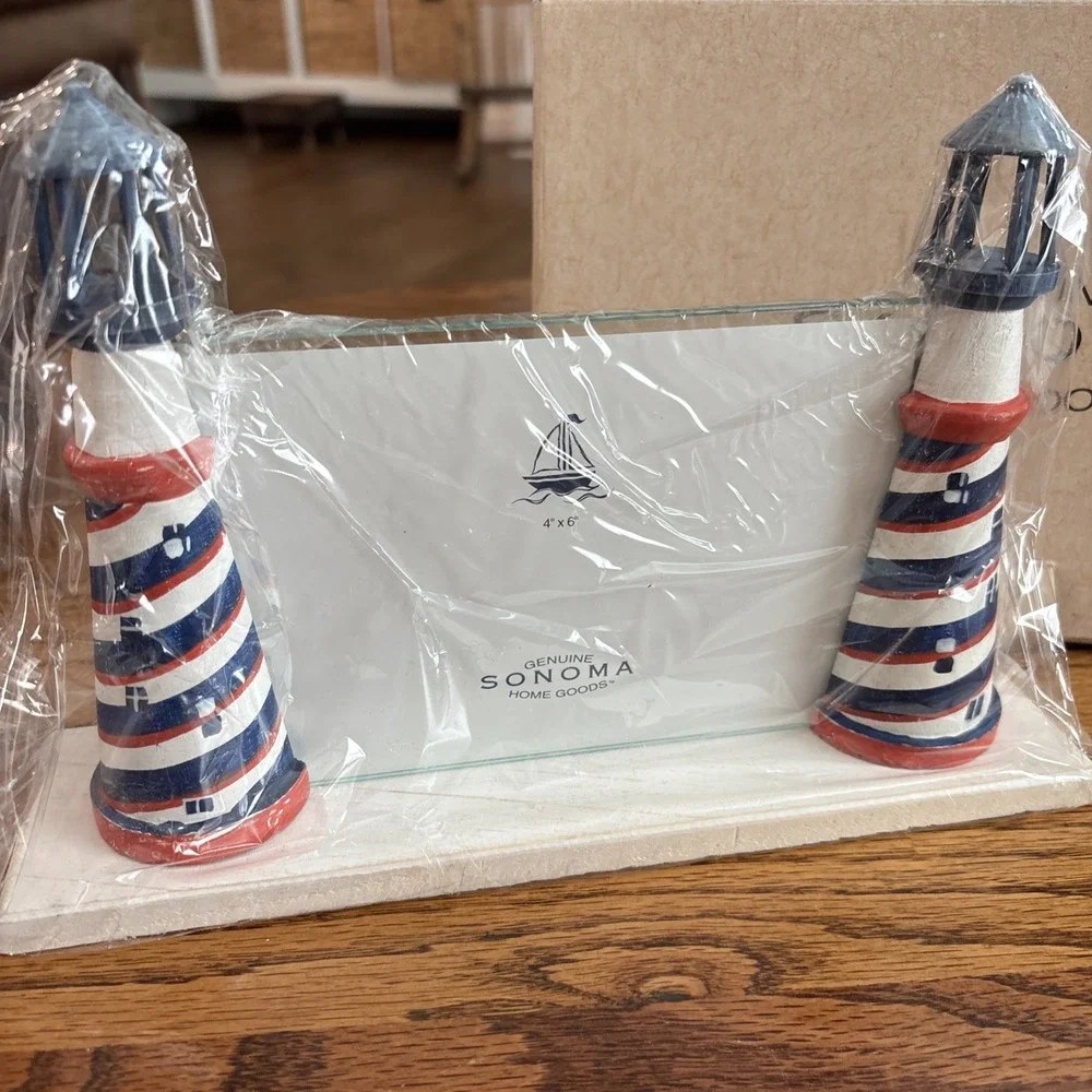 Sonoma Home Goods Lighthouse Picture Frame 4x6 Nautical Beach Decor Red Blue